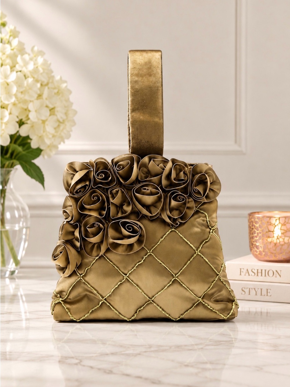Olive Green Satin Wristlet Bag w/Rosette and Beaded Details Snap Closure